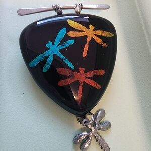 BROOCH & PENDANT. Black Dragonfly with Colorful Accents